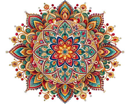 Intricate colorful floral mandala pattern with red blue green and gold details isolated on a transparent background - Powered by Adobe