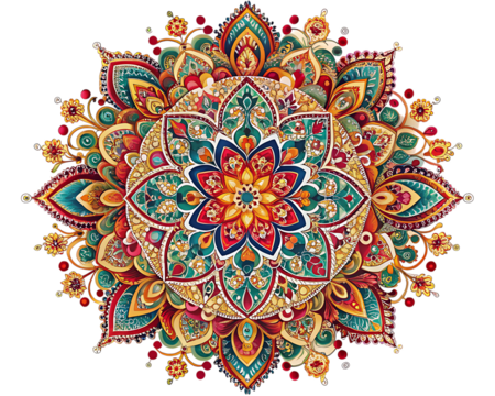 Intricate colorful floral mandala pattern with red blue green and gold details isolated on a transparent background
