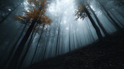 Fog-draped haunted forest whispers secrets of Samhain, enchanting autumnal mystery, veiled in ethereal tranquility and twilight whispers