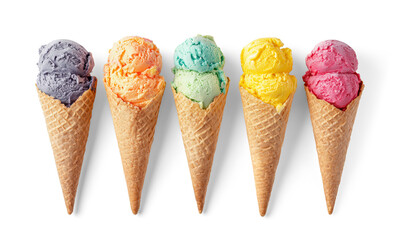 Five colorful ice cream scoops sitting in crispy waffle cones on white background