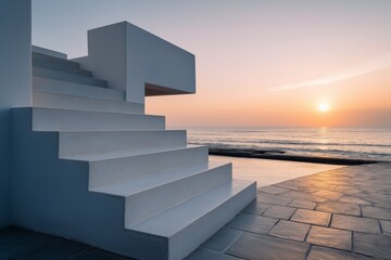 White staircase leading to infinity pool overlooking tranquil ocean sunset