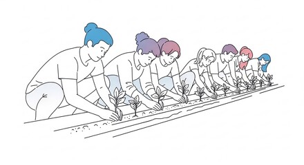 People Planting Seedlings in a Row Illustration