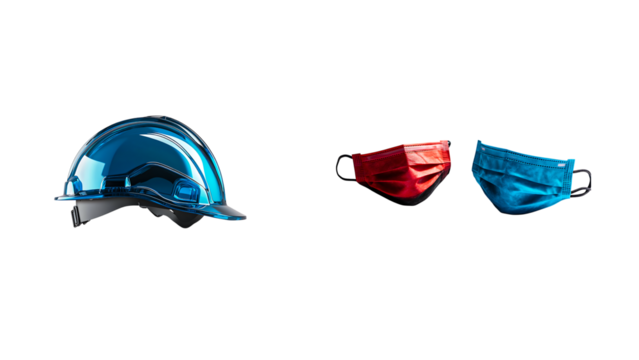 safety helmets and protective face masks isolated on white background

