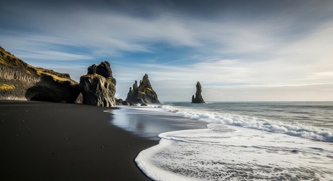 Jagged Reynisdrangar sea stacks meet Atlantic waves on Iceland's iconic Reynisfjara black sand beach. - Powered by Adobe