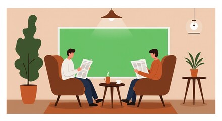 Fototapeta premium People Reading Newspaper in a Lounge Waiting Room