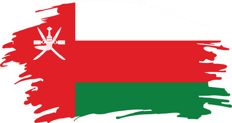 Abstract Oman flag design with red, green, and white colors, featuring national emblem, artistic brushstroke style