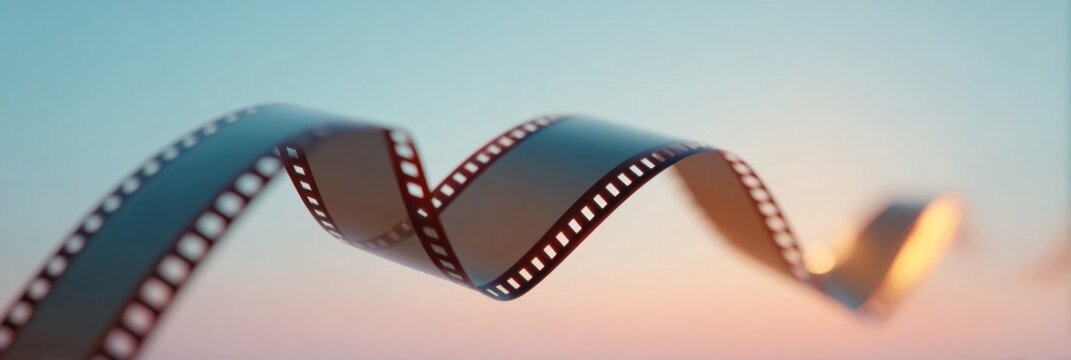 Floating filmstrip dances in twilight, weaving cinematic nostalgia, capturing ephemeral Kinetoscope dreams, perfect for World Photography Day celebrations