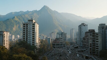 Obraz premium Rising sun over desolate towers, echoes of history whispering through seismic silence; perfect for Earthquake Remembrance Day, urban contemplation