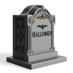 a stylized gray tombstone with the word halloween and a winged crest, isolated on a white background
