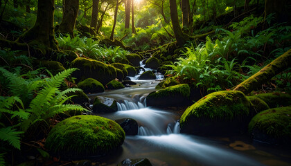 Sunlit Forest Stream with Mossy Rocks.