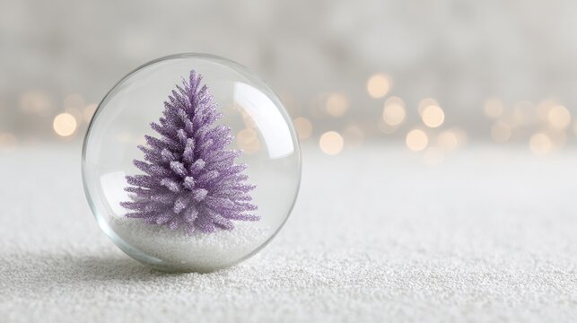 Delicate lavender tree encased in crystal globe, icy whimsy for Yule festivities, Winter Solstice serenity, ethereal holiday mystique