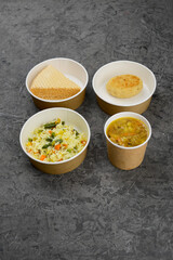 lunch soup, rice with vegetables and cutlet with dessert