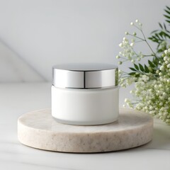 White Skincare Cream Jar with Silver Lid