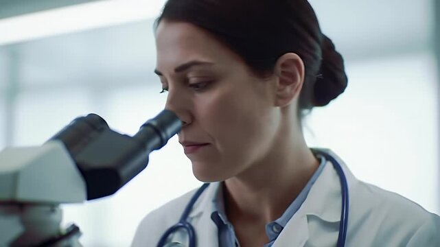 Female Doctor in White Coat Concentrating on Microscope Observation in a Bright Laboratory Setting for Pharmaceutical Research and Scientific Discovery