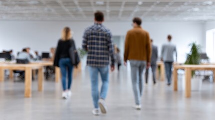 Blurred office scene with diverse millennials strolling, embodying camaraderie and innovation, linked to International Co-working Day and Geek Pride