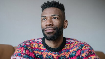 Obraz premium A contemplative Black man in a vibrant knit sweater, echoing World Creativity Day and the Festival of Sweater Weather