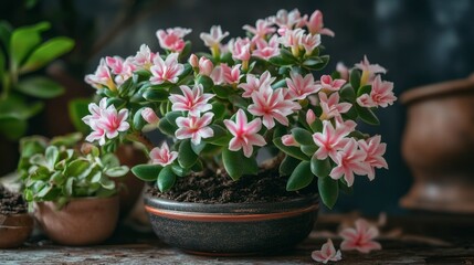 Charming Pink Flowering Plant in Decorative Pot on Rustic Background