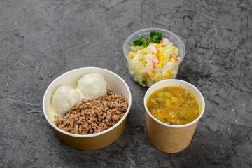 lunch vegetable soup buckwheat with meatballs and salad