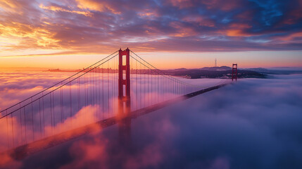 Golden Gate Bridge Sunrise: Dramatic Aerial View, Fog, Vibrant Sunset Colors, City Skyline