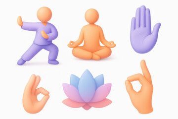 3d cartoon yoga poses and meditation icons with lotus and hand gestures
