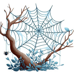 Enchanting spider web glistens in the morning light on an old tree branch nestled among lush foliage Generative AI