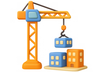 3d construction crane lifting building blocks in a vibrant city scene