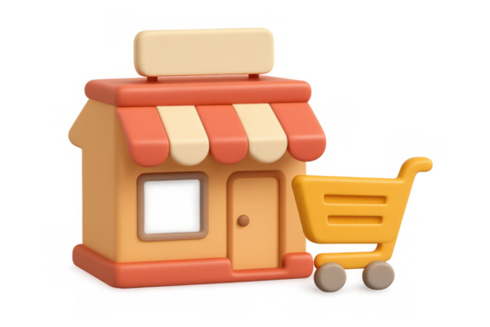 Cute 3d cartoon style shop with shopping cart icon