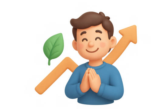 3d character celebrating success with growth chart and leaf symbol