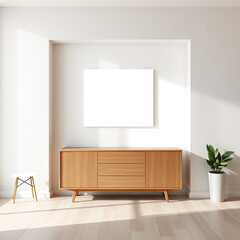 frame mockup for wall art in a dining room featuring textured plaster wall in soft pastel tones with mid-century modern aesthetic stylish interior design iso a2 landscape perfect for home decor presen