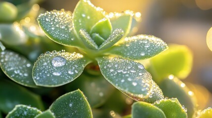 Dew-covered succulent leaves glowing in soft morning sunlight