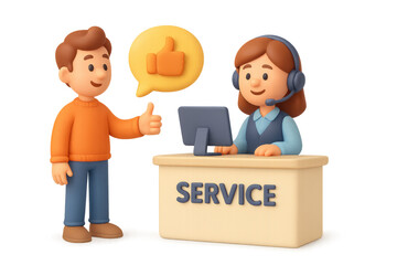 Friendly customer interaction at service desk with thumbs up in modern 3d style