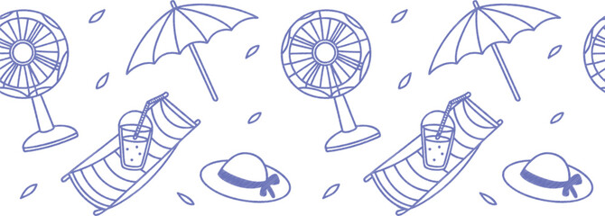 Seamless summer vacation pattern with umbrella, fan, hat, and drink on lounger. Minimal blue line art perfect for kids wallpaper, wrapping paper, fabric, and seasonal digital designs.