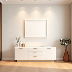 frame mockup for wall art in a serene dining room showcasing elegant aesthetic design with textured plaster wall in soft pastel tones mid-century modern style interior decor 3d rendering for artistic 