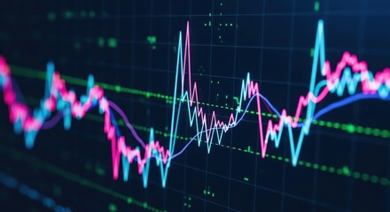 Vibrant fluctuating financial market trend graph displaying volatile stock price movements with bright neon lines on a dark screen