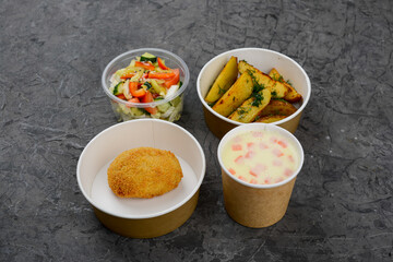 lunch: cream cheese soup with fried potato cutlet and salad