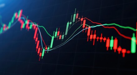 Dynamic stock market candlestick chart visualizing fluctuating financial trends and trading opportunities with red and green indicators