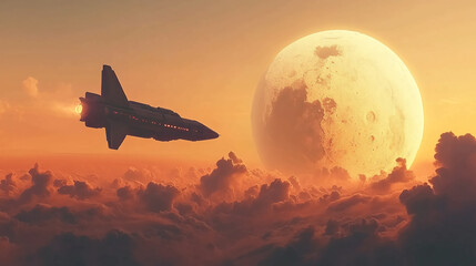 Spaceship flying to moon fantasy art digital illustration science fiction scene dreamscape wallpaper background 4k