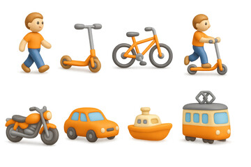 Playful transportation icons featuring people, vehicles, and scooters in 3d style