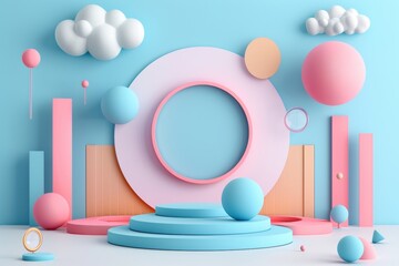 Dreamy pastel space with floating 3d spheres and elegant glass rings in ethereal atmosphere