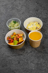 lunch pumpkin cream soup with roasted vegetables, ias and salad