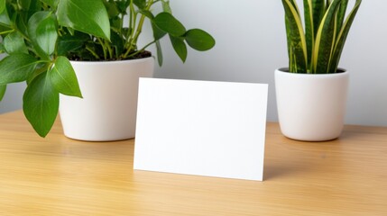 Blank Card on Wooden Table Surrounded by Green Potted Plants