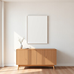 Fototapeta premium frame mockup blank wall art mockup in dining room showcasing minimalist design with textured pastel walls mid-century modern aesthetic perfect for home decor and interior design projects 3d rendering