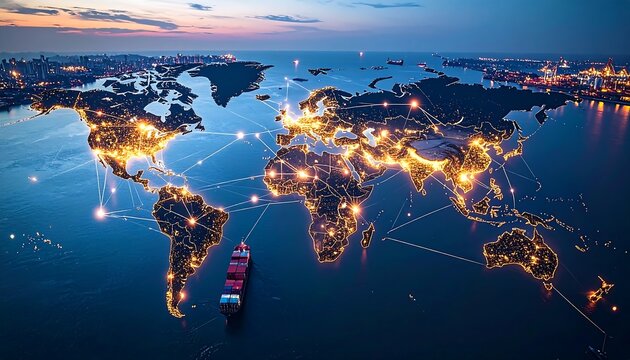 Global trade network at dusk
