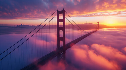Golden Gate Bridge Sunrise: Dramatic Aerial View, Fog, Vibrant Sunset Colors, City Skyline
