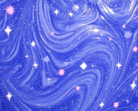 Abstract swirling blue and purple textured surface with white and pink stars