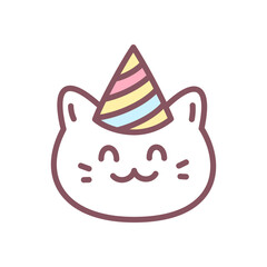 Cute birthday cat icon. Hand drawn illustration of a funny smiling cat in a party hat isolated on a white background. Kawaii sticker. Vector 10 EPS.