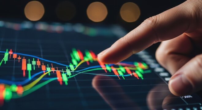 A finger points to a vibrant financial trading chart displaying fluctuating market trends and data analysis