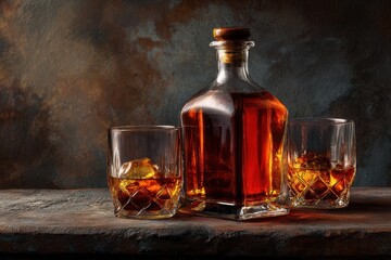 Zoomed in shot of a whiskey bottle with two glasses on a colored background