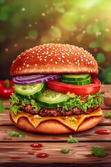 Delicious cheeseburger with fresh vegetables on a wooden table in a vibrant outdoor setting
