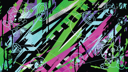 Neon Graffiti Pop Art Vector Background with Cute Characters